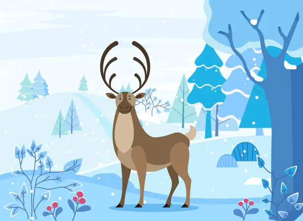 Arctic Reindeer Character Standing On Snowy Landscape With Fir Tree And Blossom Christmas Card With Deer In Spruce Forest In Winter Season Wild Animal With Antlers Walking Near Frost Trees Vector Illustration
