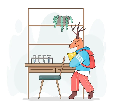 Cute Cartoon Childrens Illustration Animal Student Deer With Backpack Holding Notes Paper In Paws Standing In Chemical Cabinet Case With Plant In Pot Test Tubes At Stand Chemistry Lesson Illustration