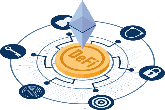 Flat 3 D Isometric Ethereum On Golden Coin Decentralized To Security Icon Outside De Fi Decentralized Finance And Blockchain Technology Concept Illustration
