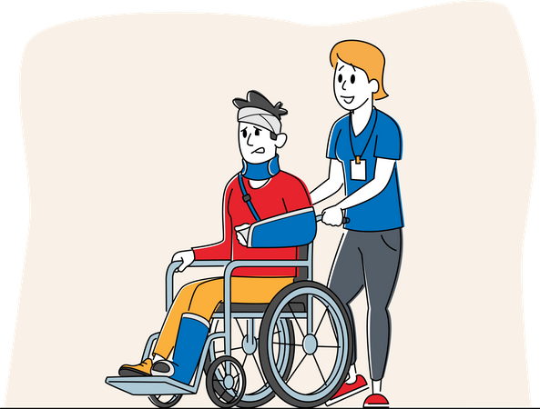 Homem com deficiência com mão e perna quebradas andando em cadeira de rodas com assistência de enfermeira  Ilustração