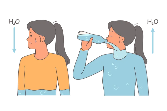 Dehydrated woman drinks water from bottle and feels surge of energy due to quenching of thirst  Illustration