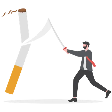 Dia Sin Fumar 31 De Mayo Dia Mundial Sin Tabaco Campana Para Dejar De Fumar El Empresario Usa Una Espada Para Cortar El Cigarrillo Ilustración