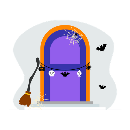 Gruselige Halloween-Haustür dekoriert  Illustration