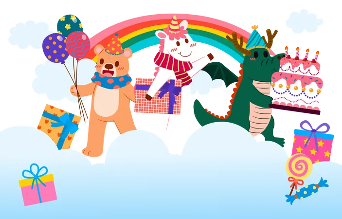 Das Gluckliche Tier Auf Der Party Mit Einem Schonen Element Einer Geschenkschachtel Einem Regenbogen Einem Ballon In Einer Cartoon Figur Einer Vektorgrafik Illustration