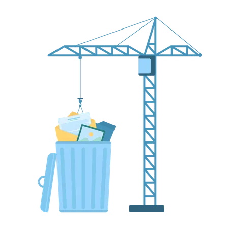 Delete Files To Trash Bin With Smart Software Vector Illustration Cartoon Isolated Construction Crane Putting Emails And Folders Photos And Pictures In Waste Basket To Remove And Clean Memory Illustration