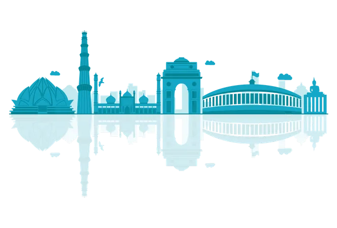 Delhi Skyline silhouette with reflections  Illustration