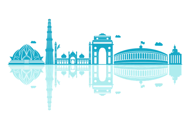Delhi Skyline silhouette with reflections  Illustration