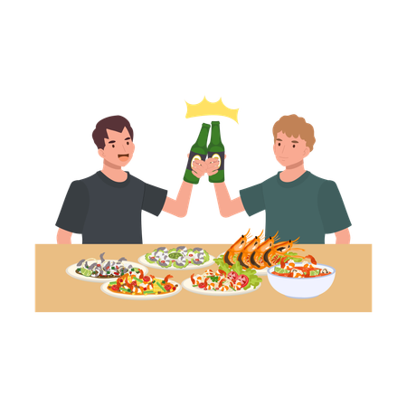 Délicieux plateau de fruits de mer thaïlandais avec des amis dégustant des bouteilles de bière et un dîner social festif ensemble  Illustration