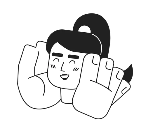 Delight Girl Monochrome Flat Linear Character Head Cheerful Woman Holding Hands On Cheeks Editable Outline Hand Drawn Human Face Icon 2 D Cartoon Spot Vector Avatar Illustration For Animation Illustration