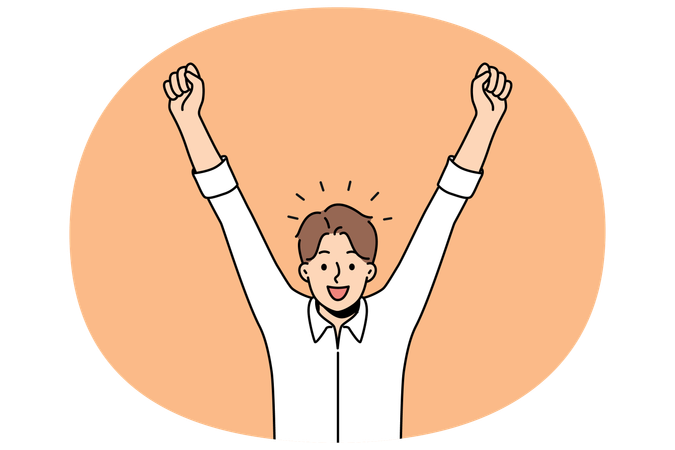 Delighted man celebrating victory by raising hands up and rejoicing in career achievements  Illustration