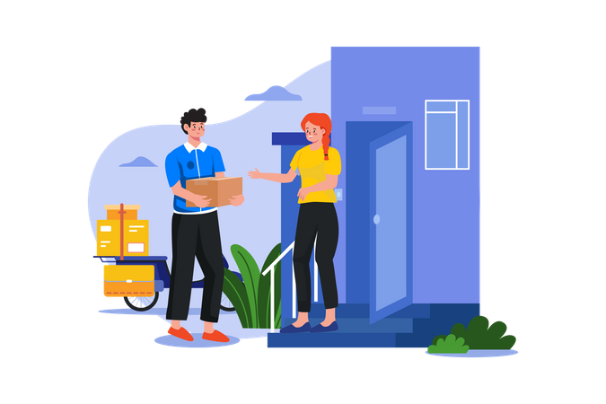 Deliver man delivering parcel at doorstep Illustration