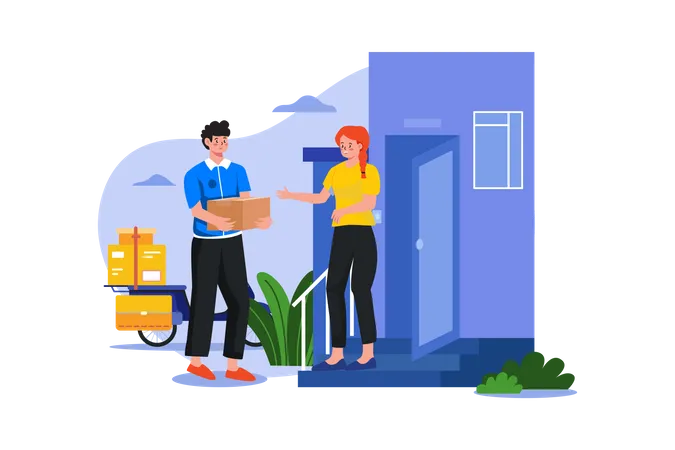 Deliver man delivering parcel at doorstep Illustration