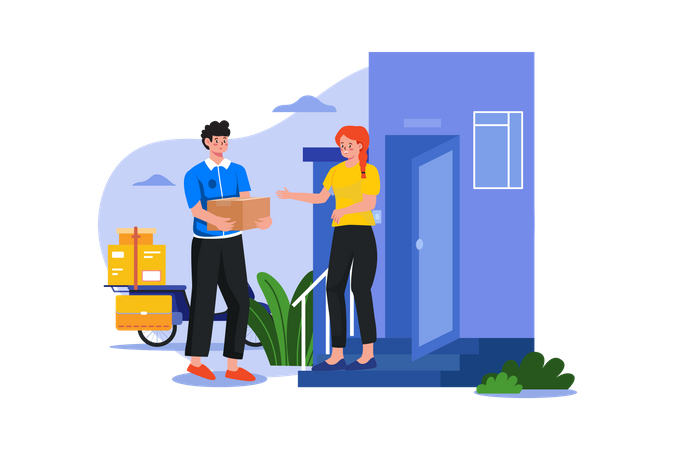 Deliver man delivering parcel at doorstep  Illustration