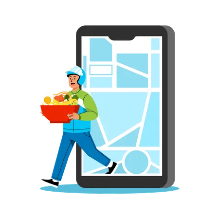 Motorcycle Taxi Rider Deliver Packet To Buyers Home Via Electronic Commerce Application Illustration