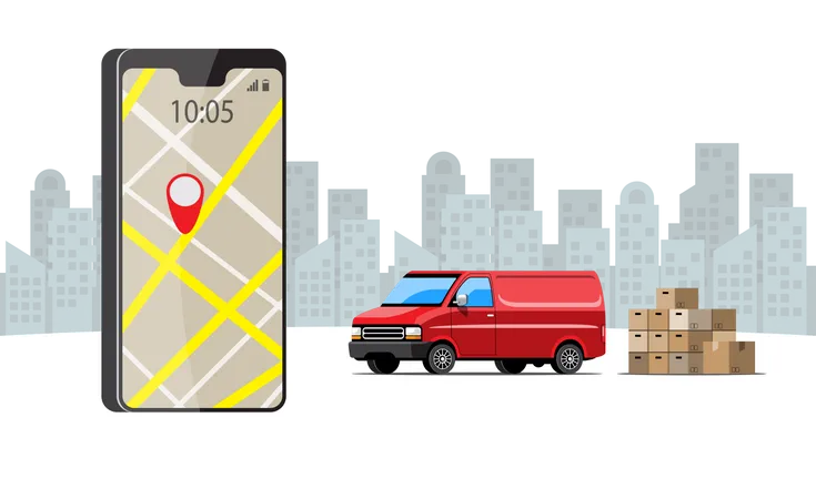 Big Isolated Vehicle Vector Colorful Icons Flat Illustrations Of Delivery By Van Through GPS Tracking Location Delivery Vehicle Goods And Food Delivery Instant Delivery Online Delivery 일러스트레이션