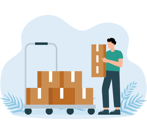 Delivery boy arranging parcel in trolley  Illustration