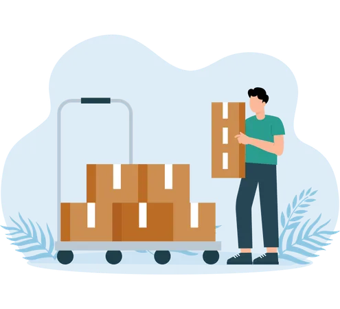 Delivery boy arranging parcel in trolley  Illustration