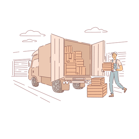 Delivery Boy Carrying Box To Truck  Illustration