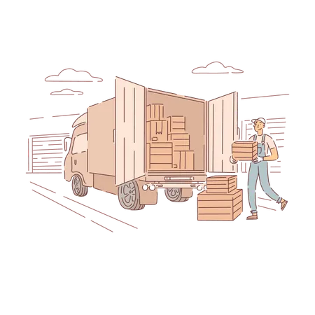 Cargo Transportation Service Delivery Boy Carrying Box To Truck Warehouse Worker Courier Loading Containers Banner Shipment Logistics Distribution Concept Cartoon Sketch Flat Vector Illustration Illustration