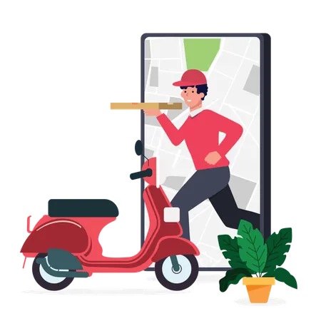 Delivery boy deliver pizza using app  Illustration