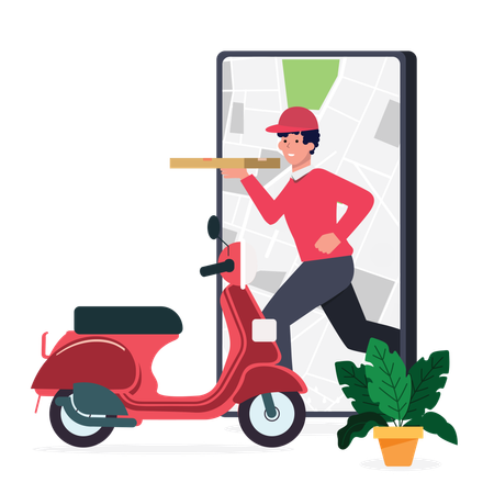 Delivery boy deliver pizza using app  Illustration