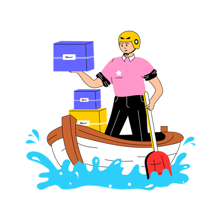 Delivery Boy Delivered Parcel on Boat  Illustration