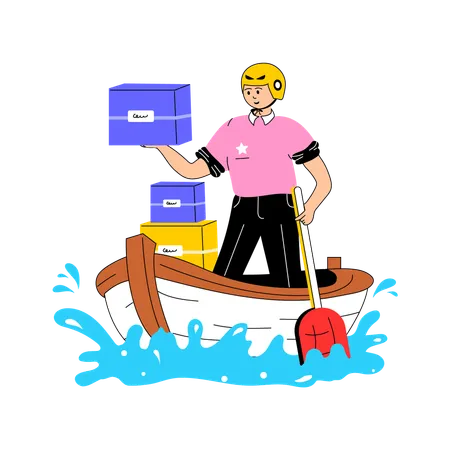 Delivery Boy Delivered Parcel on Boat  Illustration