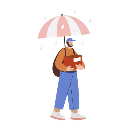 Delivery boy delivering during rainfall  Illustration