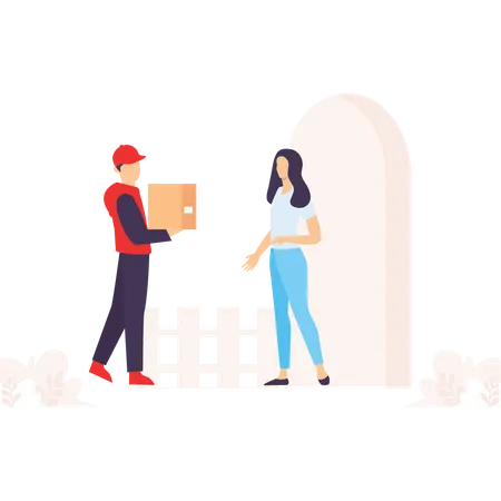A Delivery Boy Holding A Parcel Deliver To A Girl Coming From His Home Illustration