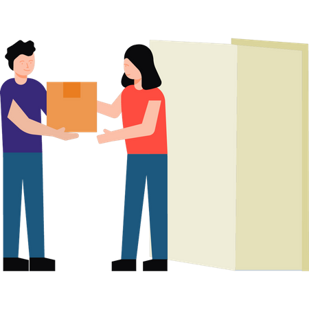 Delivery boy delivers parcel to girl at door  Illustration