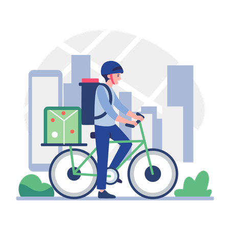 自転車を配達する配達員  イラスト