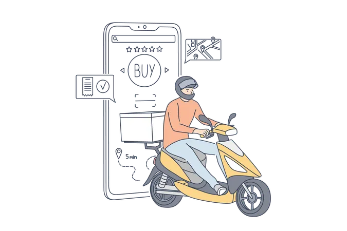 Shopping Fast Delivery Digital Marketing Quarantine Coronavirus Concept Man Boy Supplier Cartoon Character Goes To Order In Scooter Application Purchases Using Smartphone On Lockdown Illustration Illustration