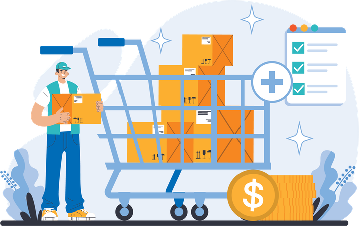 Delivery boy is loading packages in trolley  Illustration