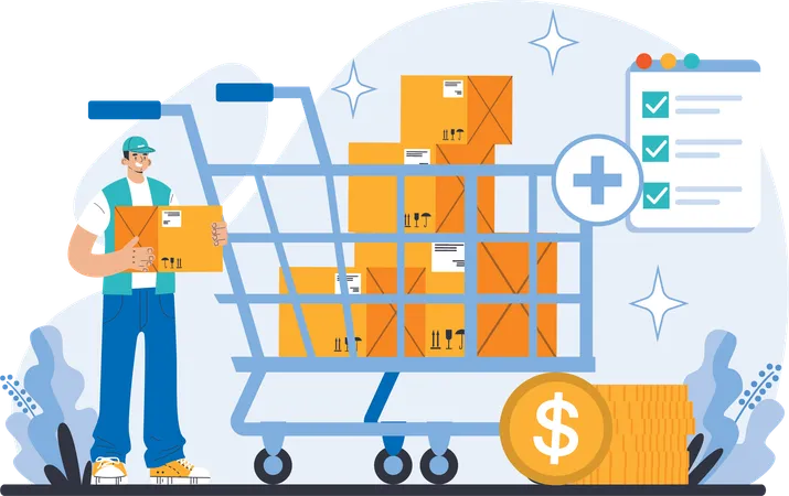 Delivery boy is loading packages in trolley  Illustration