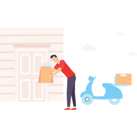 Delivery boy kept the parcel outdoor the home  Illustration