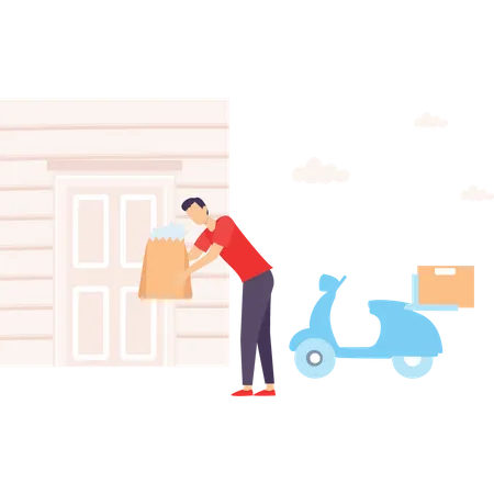 Delivery boy kept the parcel outdoor the home Illustration