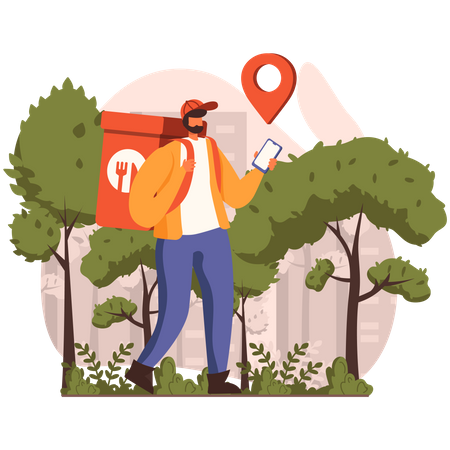 Delivery boy looking for food delivery location Illustration
