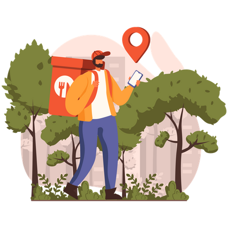 Delivery boy looking for food delivery location  Illustration