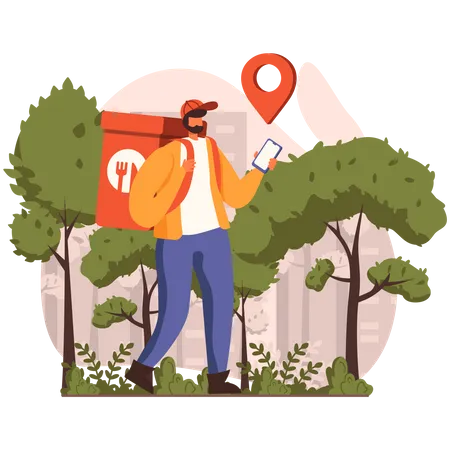 Delivery boy looking for food delivery location  Illustration