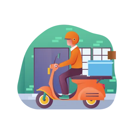 Delivery boy riding scooter with parcel  Illustration