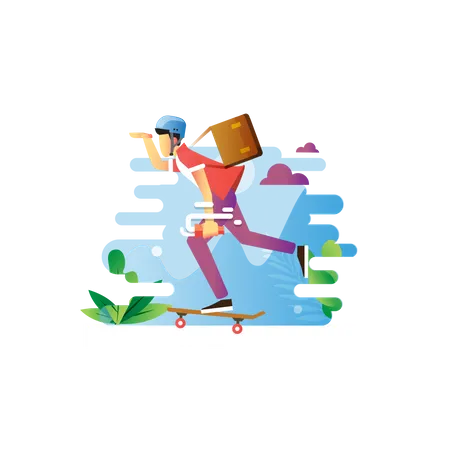 Delivery boy riding skateboard  Illustration