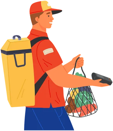 Male Courier Delivers Package To Customer Delivery Man Carries Grocerie And Offers Device For Payment Delivery Company Worker Stands With Pos Terminal Goods Transport Service Employee During Work Illustration