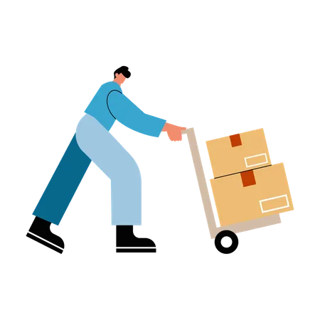 Delivery boy transporting packages using warehouse trolley  Illustration