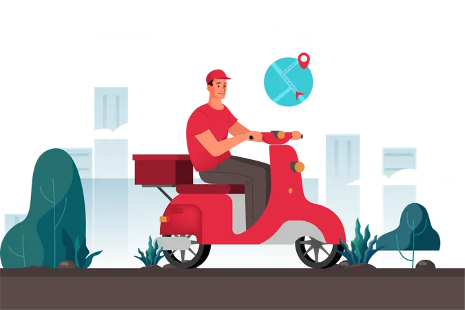 Courier With Box On Moped Person In Uniform On Scooter Delivery Service Concept Order In The Internet Add To Cart Pay By Card And Wait For Courier On Moped Isolated Flat Vector Illustration 일러스트레이션