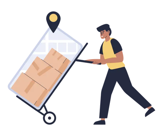 Delivery boy using trolley for delivery  イラスト