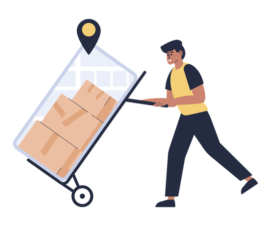 Delivery boy using trolley for delivery  Illustration