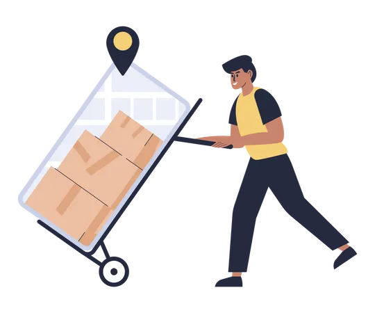 Delivery boy using trolley for delivery  Illustration