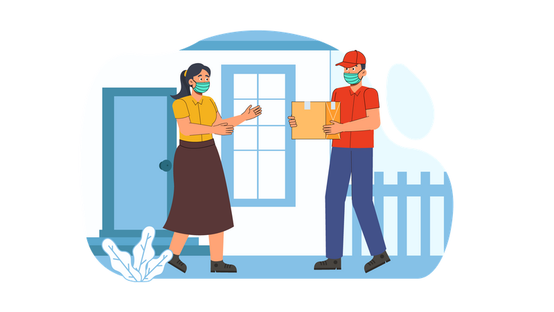 Delivery Boy Wearing Mask and Delivered Parcel  Illustration