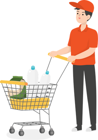 Delivery Boy With Shopping Cart Illustration