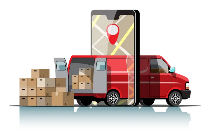 Big Isolated Vehicle Vector Colorful Icons Flat Illustrations Of Delivery By Van Through GPS Tracking Location Delivery Vehicle Goods And Food Delivery Instant Delivery Online Delivery 일러스트레이션